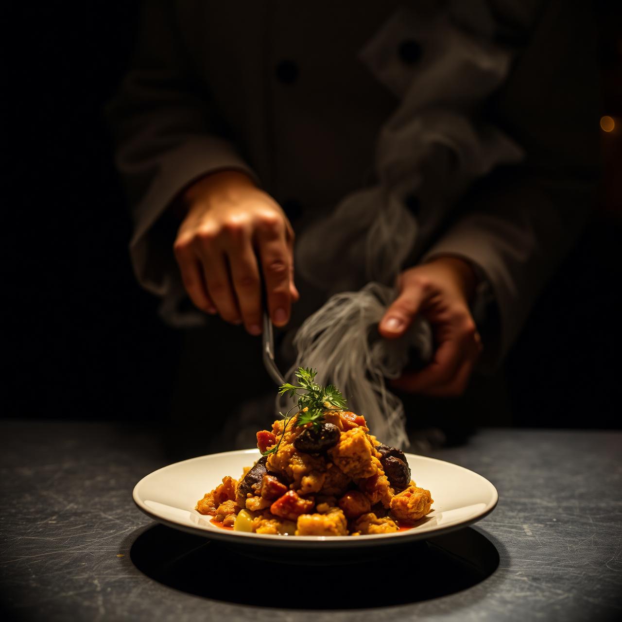 Chef plating an Indian dish with care